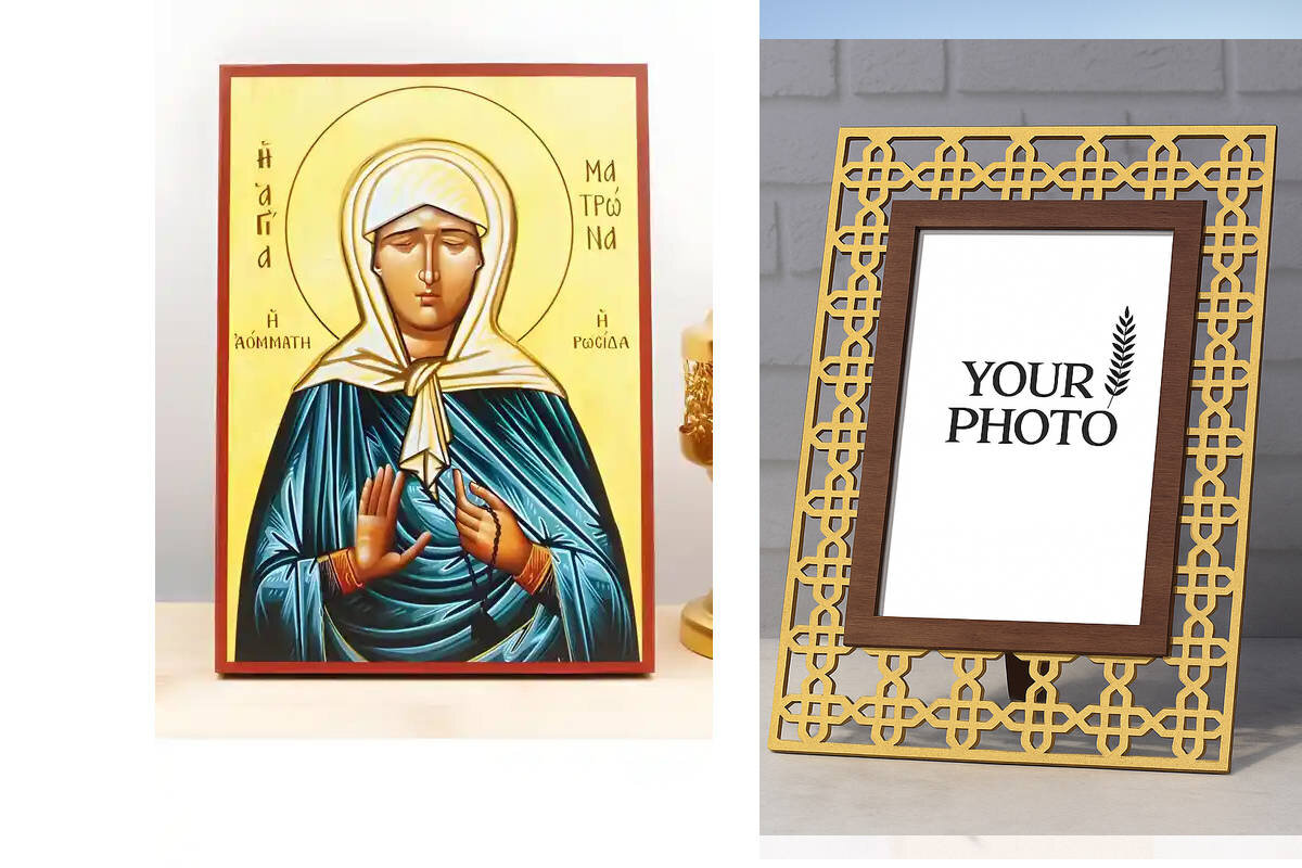 Εικόνα Ορθοδοξίας Πολυτελείας  με  σχεδιο Σταυρούς μαζι με  Βάση σε  8 χρώματα με περίγραμμα χρυσό σε ξύλο Plywood (Πλακάζ)   με  βάση Αγία Ματρώνα Νικόνοβα η Θαυματουργός της Μόσχας, Ξύλινη Χειροποίητη Εικόνα Ελληνικού Βυζαντινού Στυλ υψηλής ποιότητας που κρέμεται σε ξύλινη πλάκα Χειροποίητη Ελληνορθόδοξη εικόνα του Ιησού Χριστού, Κρεμαστή πλάκα βυζαντινής τέχνης, χριστιανική τέχνη Διάσταση 15x11 cm (5,9 x 4,3 ίντσες)  INTRAEK3kadro3211-610818