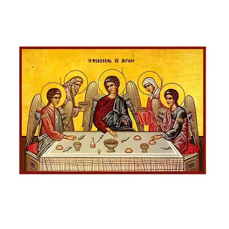 Εικόνα Ορθοδοξίας με περίγραμμα χρυσό σε ξύλο Φλαμουρίας  με  βάση Εικόνα Φιλοξενία του Αβραάμ Χειροποίητη Ελληνορθόδοξη , Κρεμαστή πλάκα βυζαντινής τέχνης, χριστιανική τέχνη Διάσταση 10x7 cm (3,9 x 2,8 ίντσες) INTRAEK-670913