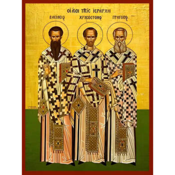 Εικόνα Ορθοδοξίας με περίγραμμα χρυσό σε ξύλο Φλαμουρίας  με  βάση Εικόνα ΑΓΙΟΙ ΤΡΕΙΣ ΙΕΡΑΡΧΕΣ, ΒΑΣΙΛΕΙΟΣ Ο ΜΕΓΑΣ, ΓΡΗΓΟΡΙΟΣ Ο ΘΕΟΛΟΓΟΣ, ΙΩΑΝΝΗΣ Ο ΧΡΥΣΟΣΤΟΜΟΣ, ΟΛΟΣΩΜΟΙ Χειροποίητη Ελληνορθόδοξη εικόνα του Ιησού Χριστού, Κρεμαστή πλάκα βυζαντινής τέχνης, χριστιανική τέχνη Διάσταση 40x30 cm (10,2x7,9 ίντσες)  INTRAEK-1447757865138 - Image 1