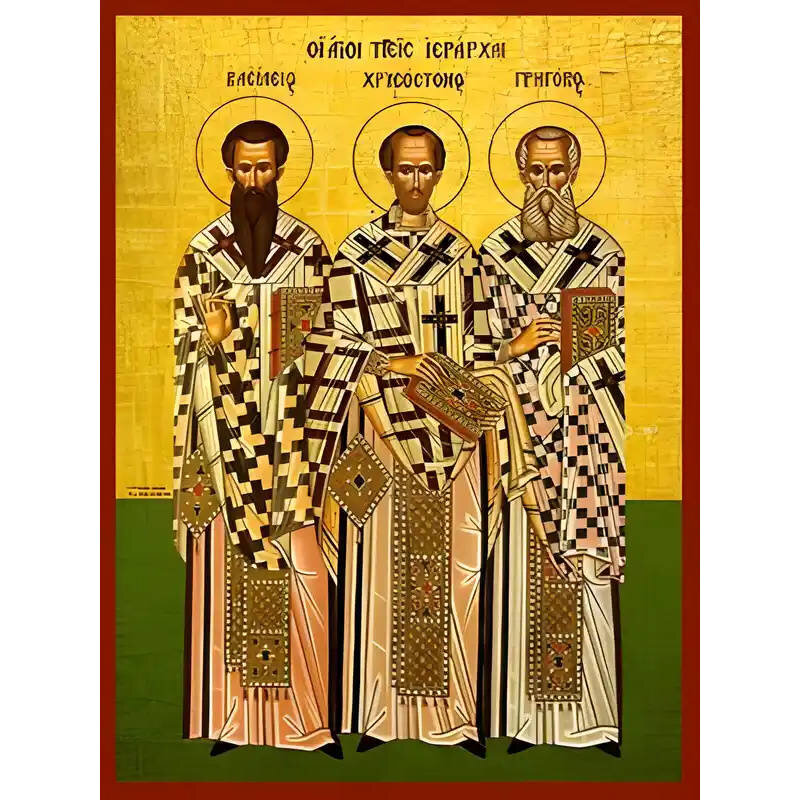 Εικόνα Ορθοδοξίας με περίγραμμα χρυσό σε ξύλο Φλαμουρίας  με  βάση Εικόνα ΑΓΙΟΙ ΤΡΕΙΣ ΙΕΡΑΡΧΕΣ, ΒΑΣΙΛΕΙΟΣ Ο ΜΕΓΑΣ, ΓΡΗΓΟΡΙΟΣ Ο ΘΕΟΛΟΓΟΣ, ΙΩΑΝΝΗΣ Ο ΧΡΥΣΟΣΤΟΜΟΣ, ΟΛΟΣΩΜΟΙ Χειροποίητη Ελληνορθόδοξη εικόνα του Ιησού Χριστού, Κρεμαστή πλάκα βυζαντινής τέχνης, χριστιανική τέχνη Διάσταση 40x30 cm (10,2x7,9 ίντσες)  INTRAEK-1447757865138