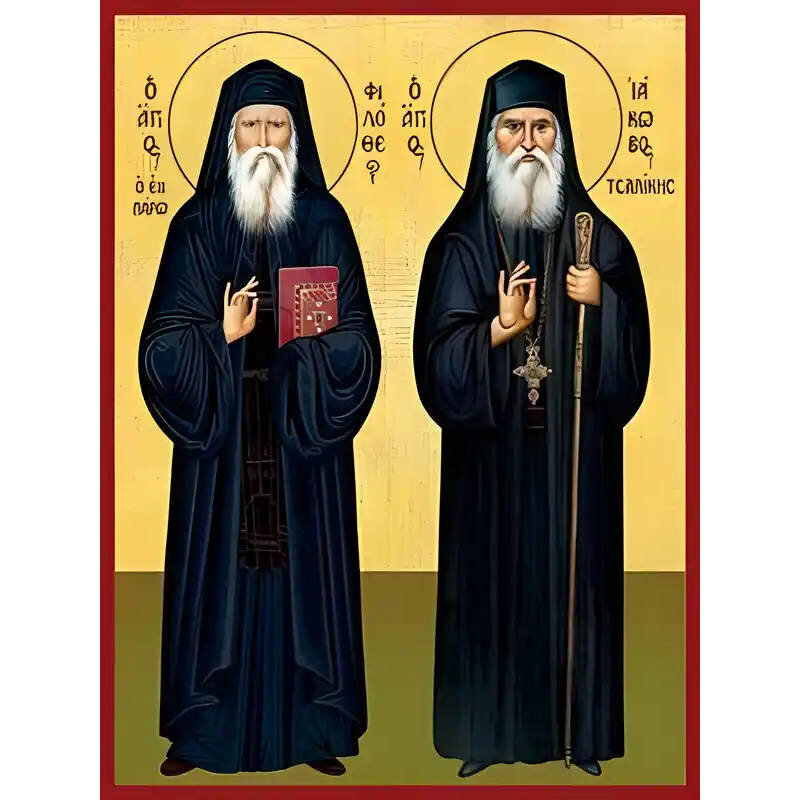 Εικόνα Ορθοδοξίας με περίγραμμα χρυσό σε ξύλο Φλαμουρίας  με  βάση Εικόνα ΑΓΙΟΙ ΦΙΛΟΘΕΟΣ ΖΕΡΒΑΚΟΣ Ο ΕΝ ΠΑΡΩ, ΙΑΚΩΒΟΣ ΤΣΑΛΙΚΗΣ, ΟΛΟΣΩΜΟΙ Χειροποίητη Ελληνορθόδοξη εικόνα του Ιησού Χριστού, Κρεμαστή πλάκα βυζαντινής τέχνης, χριστιανική τέχνη Διάσταση 40x30 cm (10,2x7,9 ίντσες)  INTRAEK-1447757865133