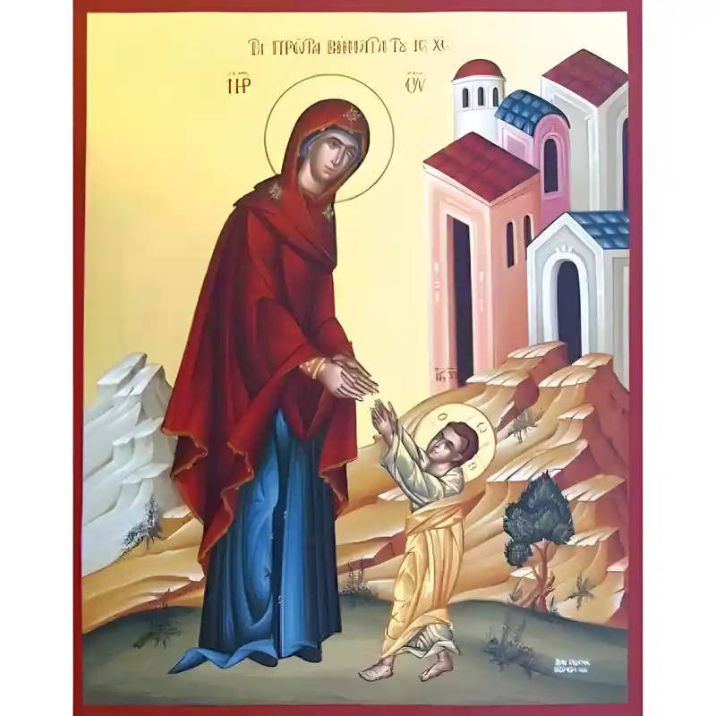 Εικόνα Ορθοδοξίας με περίγραμμα χρυσό σε ξύλο Φλαμουρίας  με  βάση Εικόνα Τα πρώτα βήματα του Χριστού Χειροποίητη Ελληνορθόδοξη , Κρεμαστή πλάκα βυζαντινής τέχνης, χριστιανική τέχνη Διάσταση 10x7 cm (3,9 x 2,8 ίντσες) INTRAEK-670902