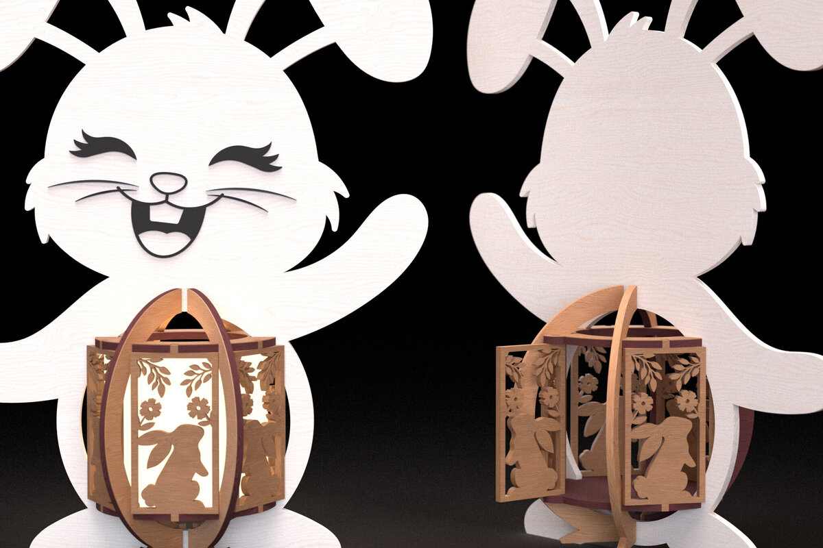 Intra απο ξύλο plywood 3mm-4mm πάχος - Πασχαλινό λαγουδάκι με φανάρι με λέιζερ Δίασταση 30x20 cm INTRAFABR-114481054