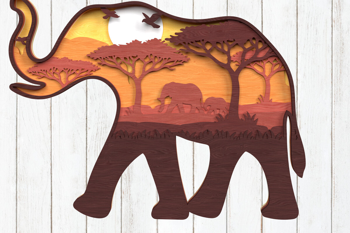 Intra απο ξύλο plywood 3mm-4mm πάχος - Σκηνή πολυεπίπεδη ηλιοβασίλεμα σαφάρι ελέφαντα Δίασταση 6x6 cm INTRAFABR-120635433