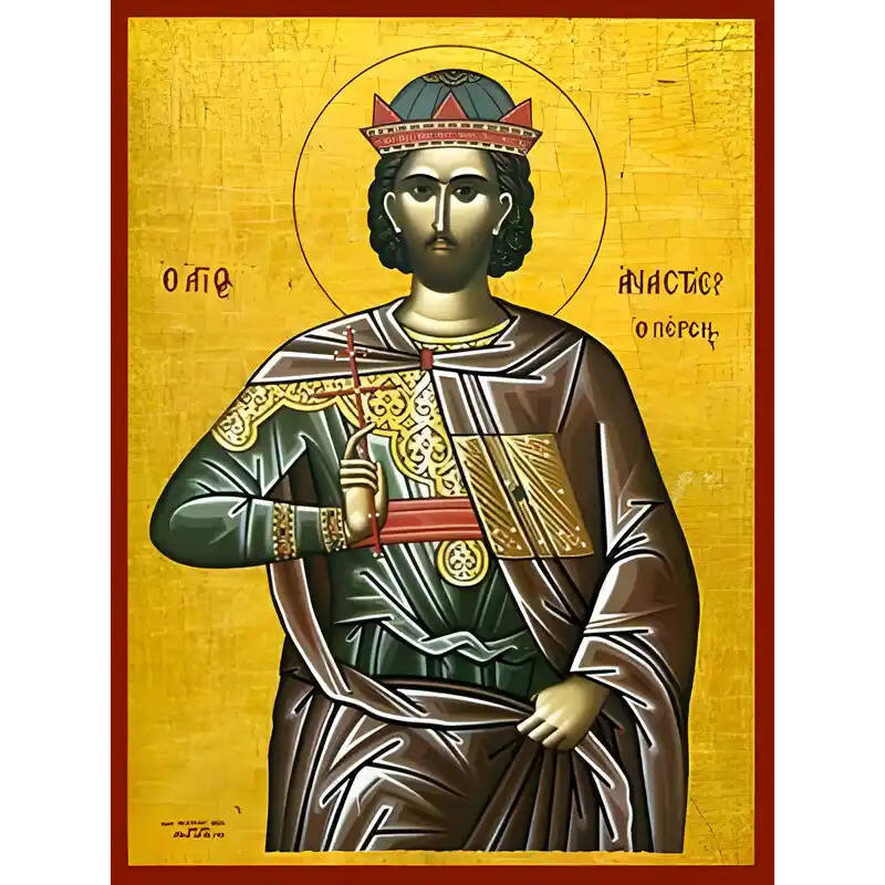 Εικόνα Ορθοδοξίας με περίγραμμα χρυσό σε ξύλο Φλαμουρίας  με  βάση Εικόνα ΑΓΙΟΣ ΑΝΑΣΤΑΣΙΟΣ ΜΑΡΤΥΣ, Ο ΠΕΡΣΗΣ Χειροποίητη Ελληνορθόδοξη εικόνα του Ιησού Χριστού, Κρεμαστή πλάκα βυζαντινής τέχνης, χριστιανική τέχνη Διάσταση 40x30 cm (10,2x7,9 ίντσες)  INTRAEK-1447757865102