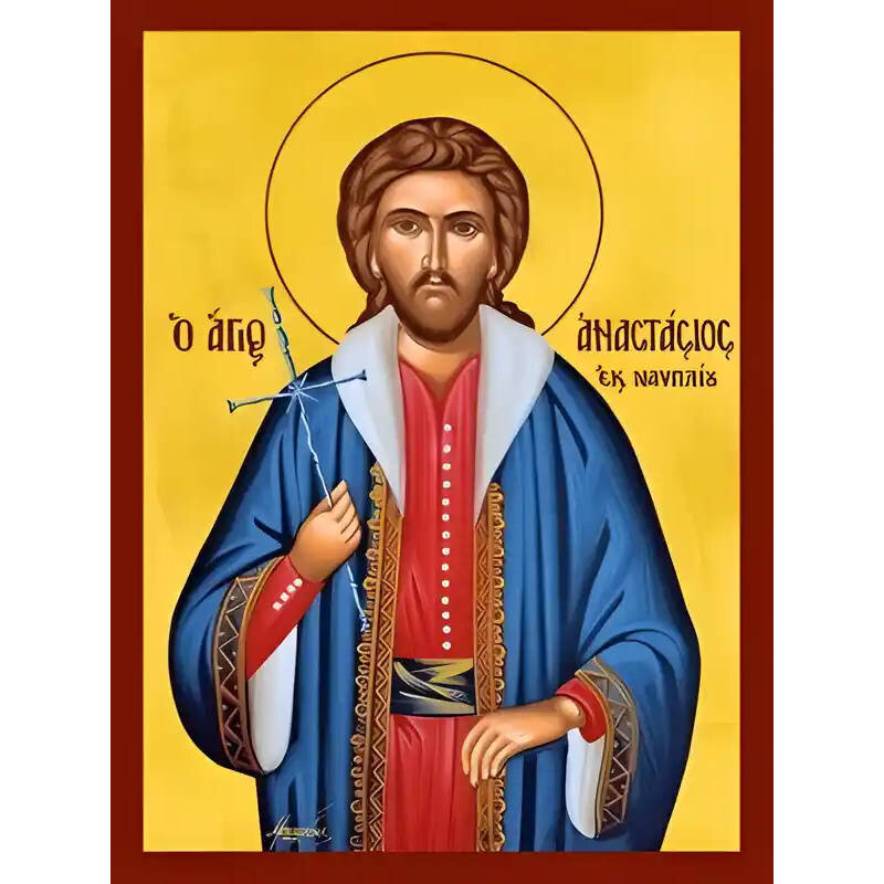 Εικόνα Ορθοδοξίας με περίγραμμα χρυσό σε ξύλο Φλαμουρίας  με  βάση Εικόνα ΑΓΙΟΣ ΑΝΑΣΤΑΣΙΟΣ Ο ΝΑΥΠΛΙΕΥΣ, ΝΕΟΜΑΡΤΥΣ Χειροποίητη Ελληνορθόδοξη εικόνα του Ιησού Χριστού, Κρεμαστή πλάκα βυζαντινής τέχνης, χριστιανική τέχνη Διάσταση 40x30 cm (10,2x7,9 ίντσες)  INTRAEK-1447757865099