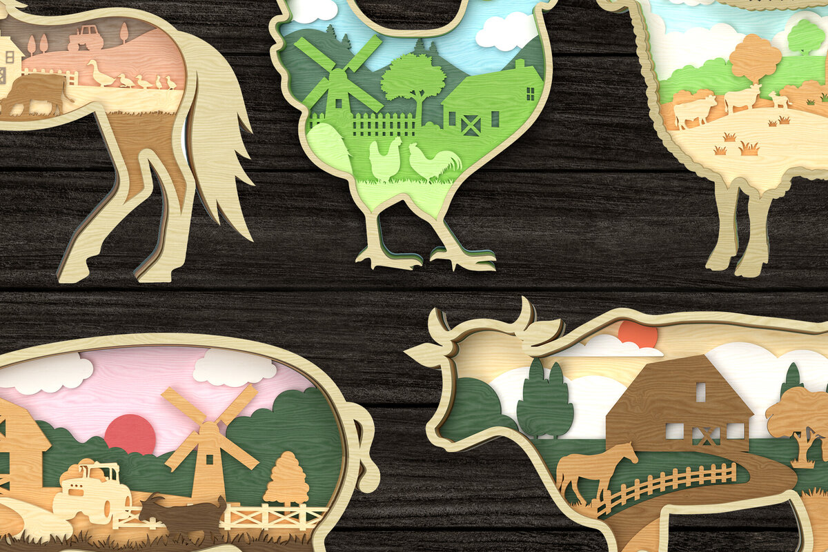 Intra απο ξύλο plywood 3mm-4mm πάχος - Πακέτο  με στρώσεις σκηνής ζώων φάρμας Δίασταση 30x20 cm INTRAFABR-113692055