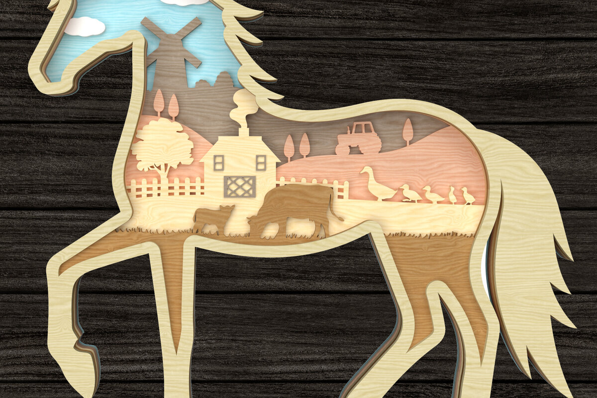 Intra απο ξύλο plywood 3mm-4mm πάχος - Farm Scene Horse Layered  Δίασταση 30x20 cm INTRAFABR-113691958