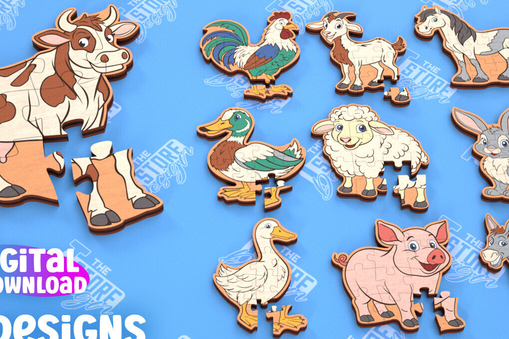Intra απο ξύλο plywood 3mm-4mm πάχος - Πακέτο λέιζερ παζλ Farmhouse Animals Δίασταση 30x20 cm INTRAFABR-103709823