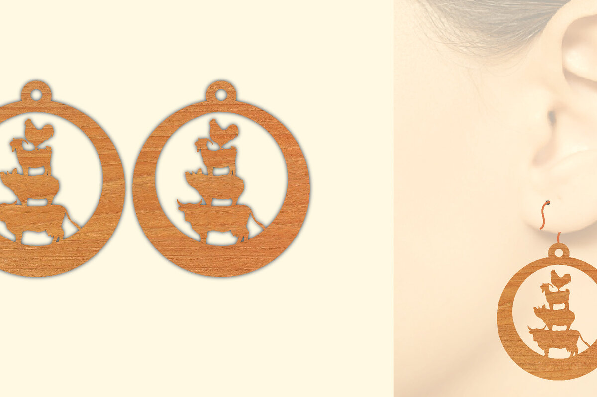 Intra απο ξύλο plywood 3mm-4mm πάχος - Ξύλινα σκουλαρίκια Farmhouse Animals  Δίασταση 3x3 cm INTRAFABR-70643394