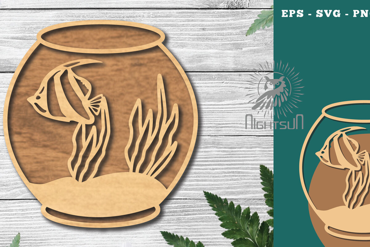 Intra απο ξύλο plywood 3mm-4mm πάχος - Ψάρια σε μπολ Διακόσμηση κοπής με λέιζερ 2 Δίασταση 20x20 cm INTRAFABR-118735308