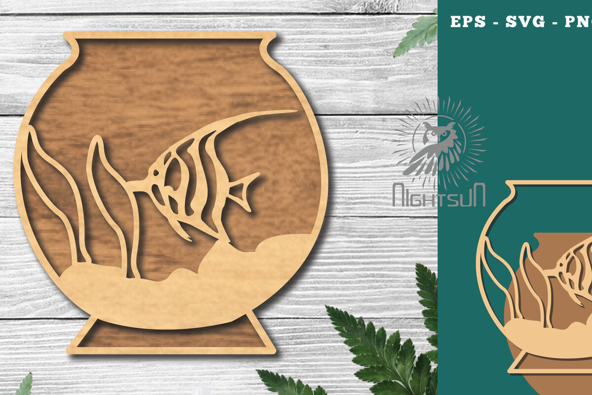 Intra απο ξύλο plywood 3mm-4mm πάχος - Ψάρια σε μπολ Διακόσμηση κοπής με λέιζερ 3 Δίασταση 20x20 cm INTRAFABR-118735458