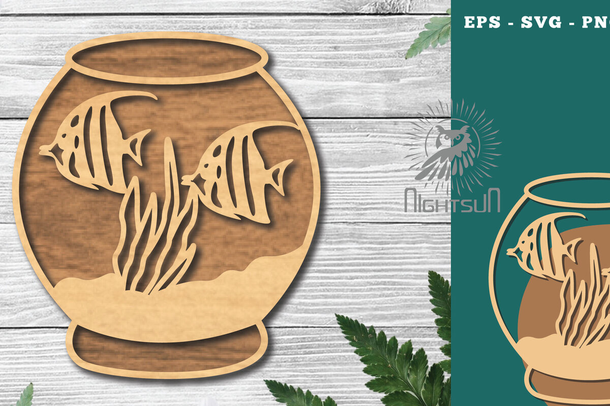 Intra απο ξύλο plywood 3mm-4mm πάχος - Ψάρια σε μπολ Διακόσμηση κοπής με λέιζερ 4 Δίασταση 20x20 cm INTRAFABR-118735496