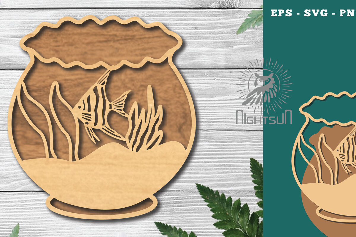 Intra απο ξύλο plywood 3mm-4mm πάχος - Ψάρια σε μπολ Διακόσμηση κοπής με λέιζερ 5 Δίασταση 20x20 cm INTRAFABR-118735511