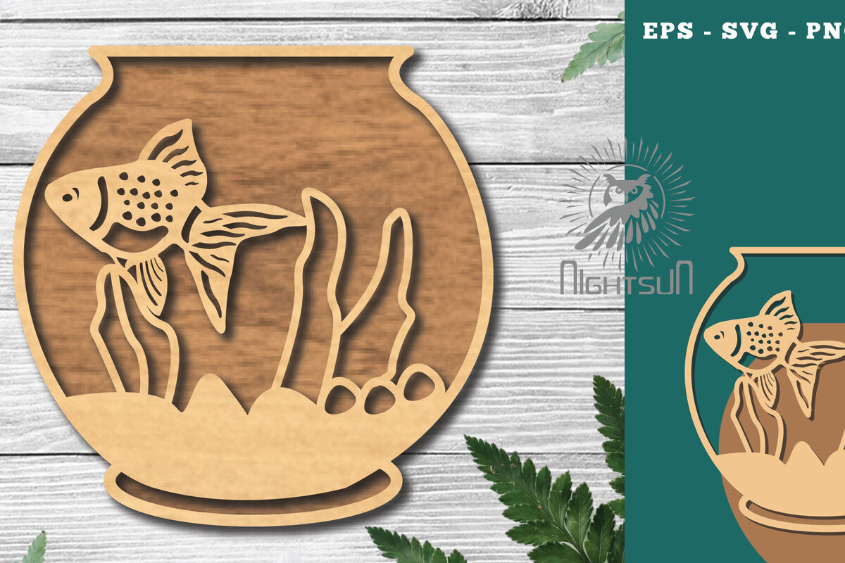 Intra απο ξύλο plywood 3mm-4mm πάχος - Ψάρια σε μπολ Διακόσμηση κοπής με λέιζερ 6 Δίασταση 20x20 cm INTRAFABR-118735544