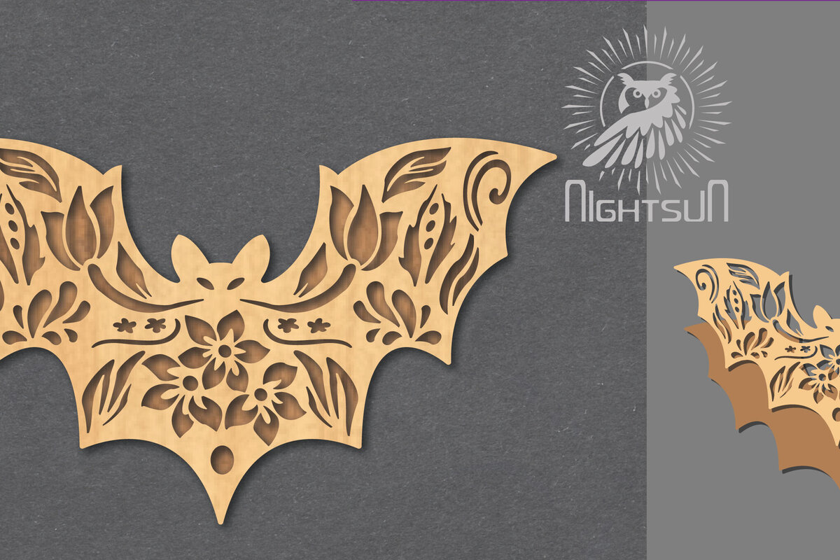 Intra απο ξύλο plywood 3mm-4mm πάχος - Διακόσμηση με λουλουδάτο κομμένο λέιζερ νυχτερίδα 5 Δίασταση 20x20 cm INTRAFABR-123188104