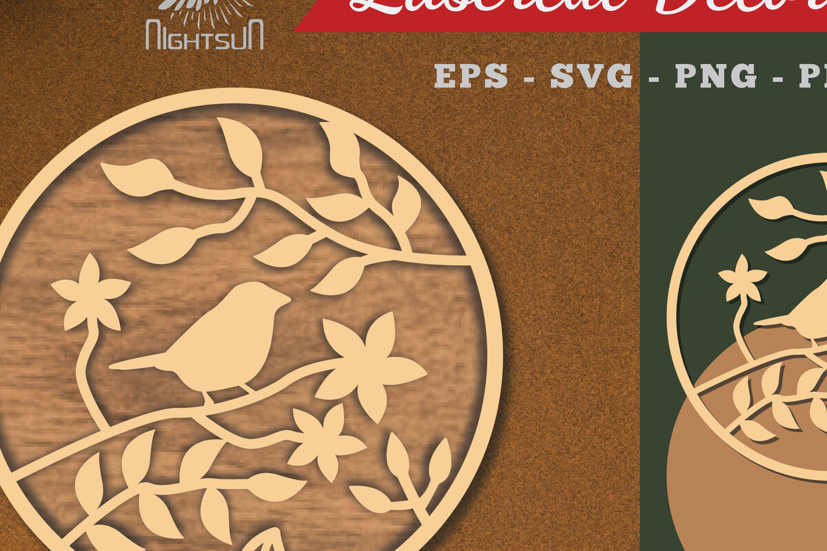 Intra απο ξύλο plywood 3mm-4mm πάχος - Floral Bird Round Cut Laser Decoration 3 Δίασταση 20x20 cm INTRAFABR-113108387