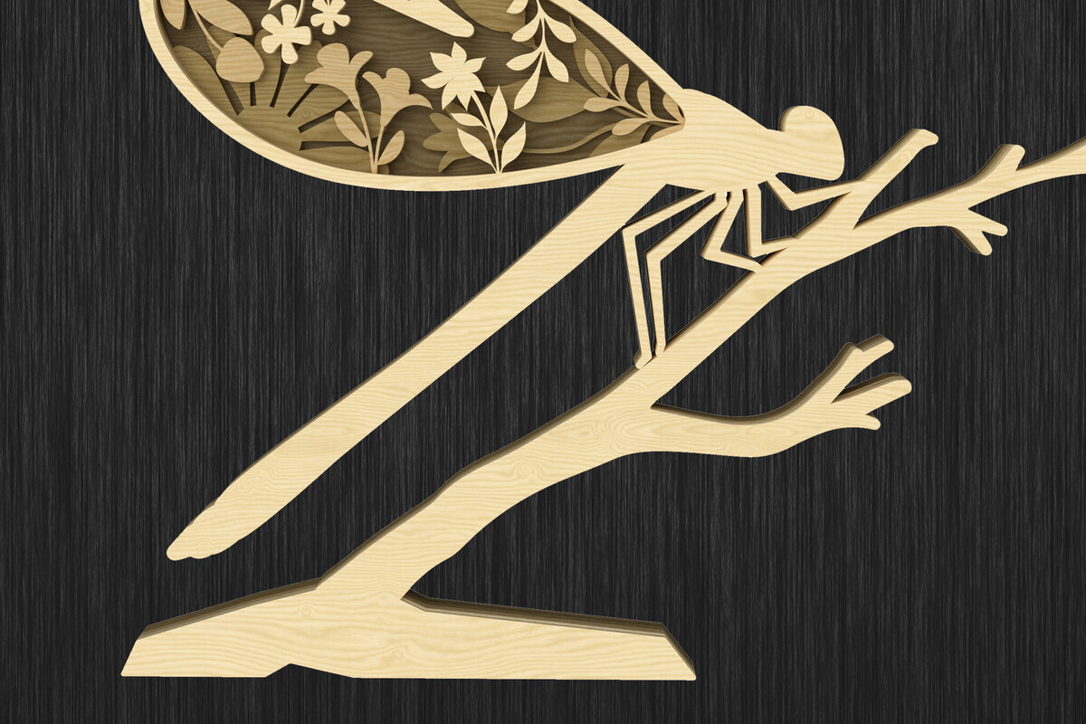 Intra απο ξύλο plywood 3mm-4mm πάχος - Floral Dragonfly Layered  Δίασταση 30x20 cm INTRAFABR-113765410