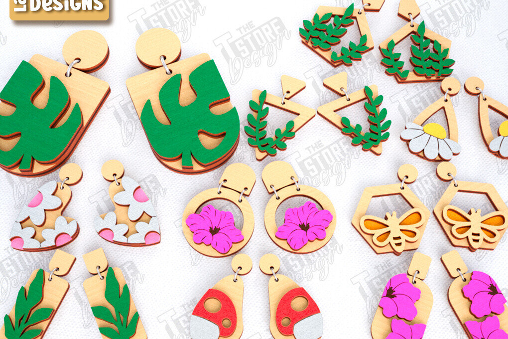 Intra απο ξύλο plywood 3mm-4mm πάχος - Σκουλαρίκια με λουλούδια Laser Cut Bundle | CNC Δίασταση 3x3 cm INTRAFABR-120962824