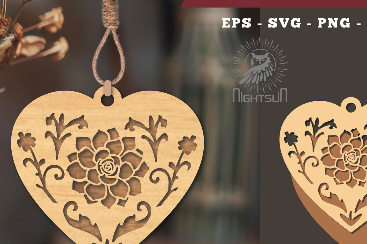 Intra απο ξύλο plywood 3mm-4mm πάχος - Στολίδι με φλοράλ καρδιές με λέιζερ 1 Δίασταση 6x6 cm INTRAFABR-114305546