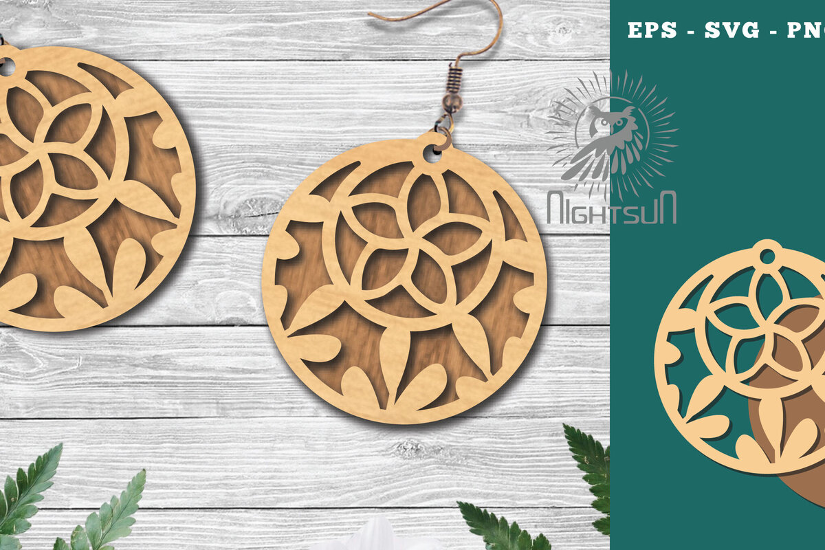 Intra απο ξύλο plywood 3mm-4mm πάχος - Σκουλαρίκια με φλοράλ  2 Δίασταση 3x3 cm INTRAFABR-114791117