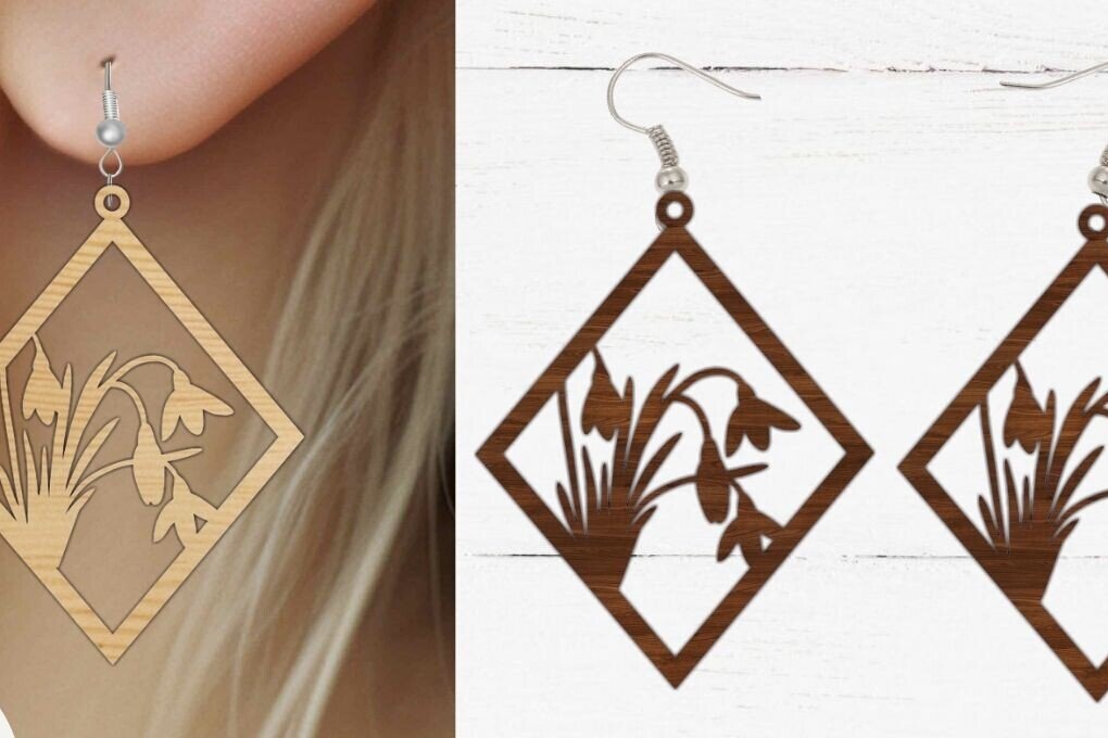 Intra απο ξύλο plywood 3mm-4mm πάχος - Σκουλαρίκι λουλουδιών κομμένο  με λέιζερ, λουλούδι Δίασταση 3x3 cm INTRAFABR-89618665