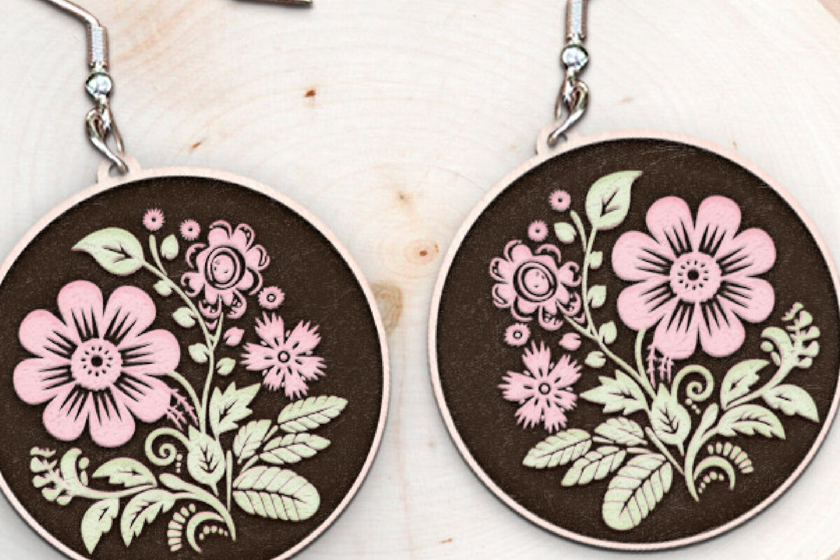 Intra απο ξύλο plywood 3mm-4mm πάχος - Σκουλαρίκια με λουλούδια . Σκουλαρίκια Boho Δίασταση 3x3 cm INTRAFABR-115501999