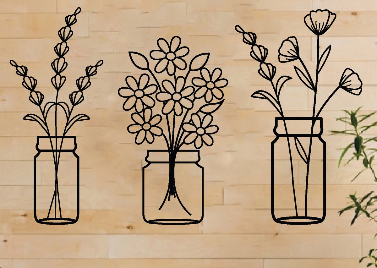 Intra απο ξύλο plywood 3mm-4mm πάχος - Λουλούδι σε βάζο Μεταλλική διακόσμηση τοίχου σετ 3 Δίασταση 40x50 cm INTRAFABR-65458518