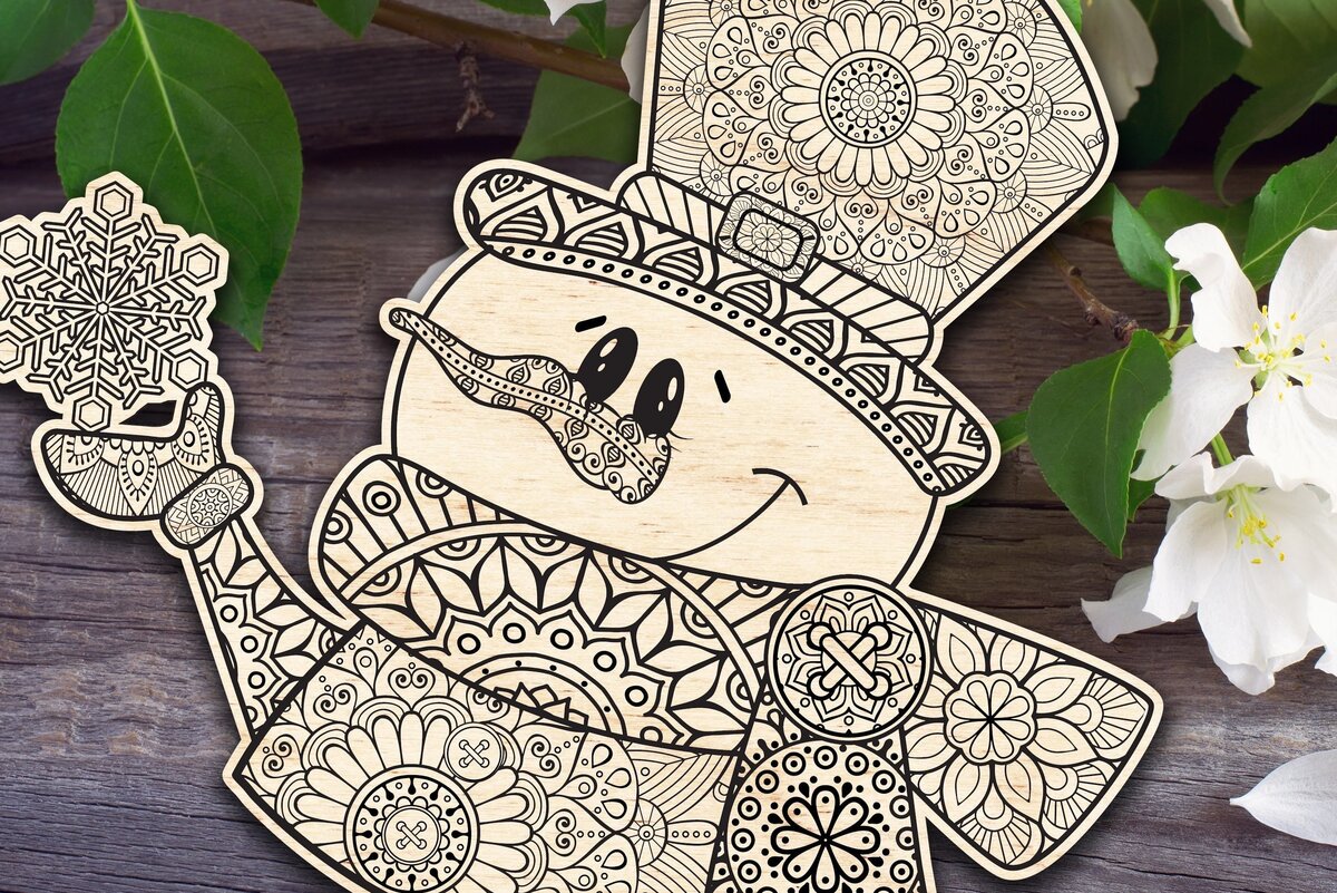 Intra απο ξύλο plywood 3mm-4mm πάχος - Λουλούδι Μάνταλα Χιονάνθρωπος με νιφάδα χιονιού Δίασταση 30x30 cm INTRAFABR-32691783