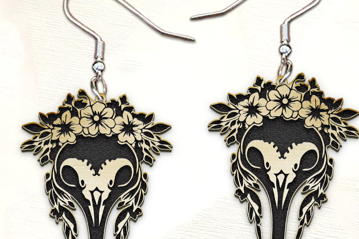 Intra απο ξύλο plywood 3mm-4mm πάχος - Σκουλαρίκια Flower Scull Cut Laser. Δίασταση 3x3 cm INTRAFABR-123388142