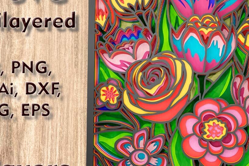 Intra απο ξύλο plywood 3mm-4mm πάχος -  πολλαπλών επιπέδων 3D  Flowers Δίασταση 8x11 cm INTRAFABR-109001575