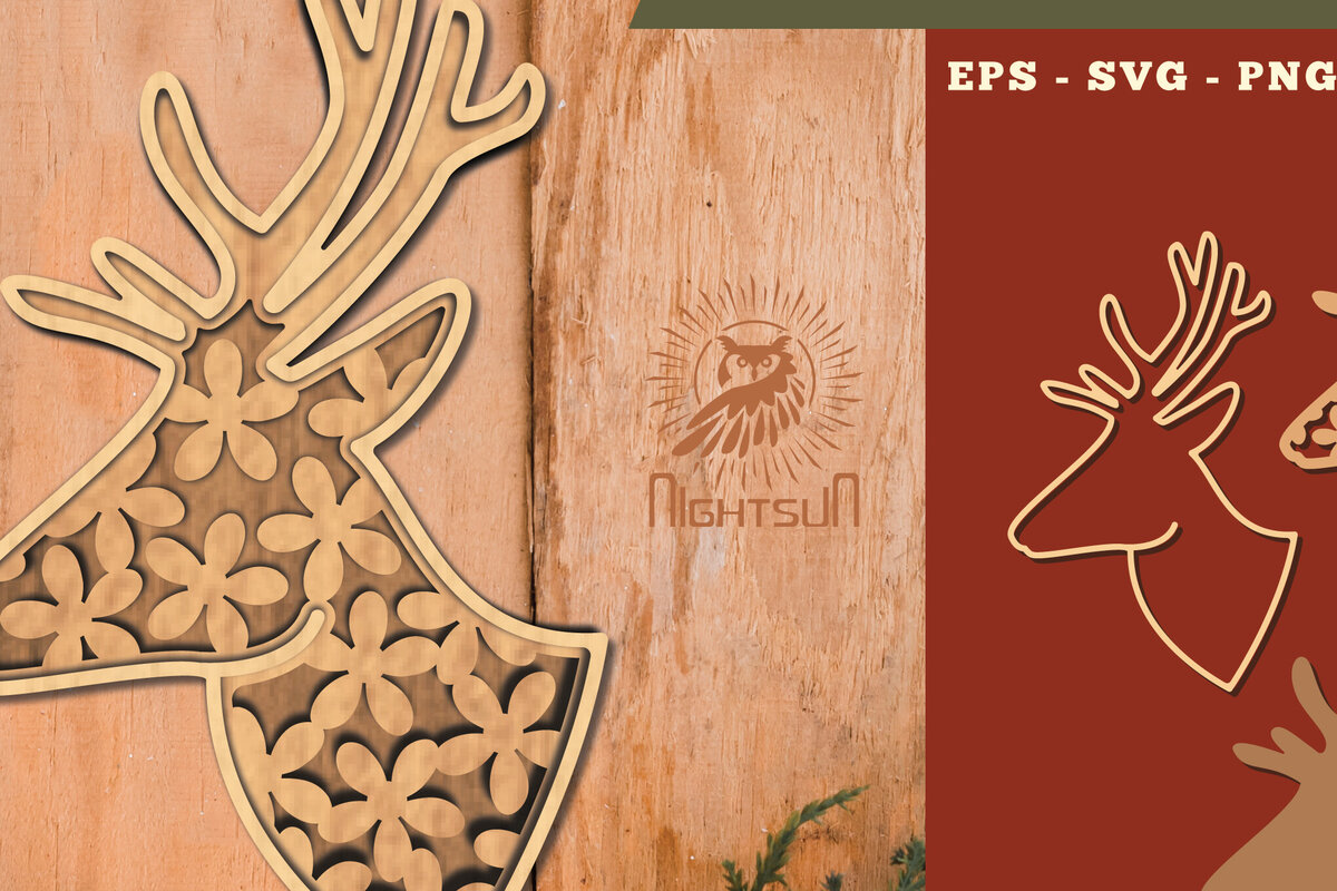 Intra απο ξύλο plywood 3mm-4mm πάχος - Flowers Deer 3D Lasercut Decoration  Δίασταση 20x20 cm INTRAFABR-111526922