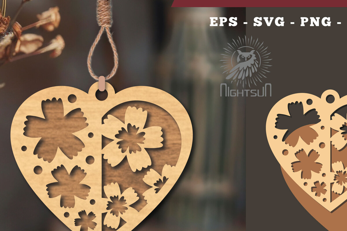 Intra απο ξύλο plywood 3mm-4mm πάχος - Στολίδι Flowers Heart Laser Cut 2 Δίασταση 6x6 cm INTRAFABR-114305752