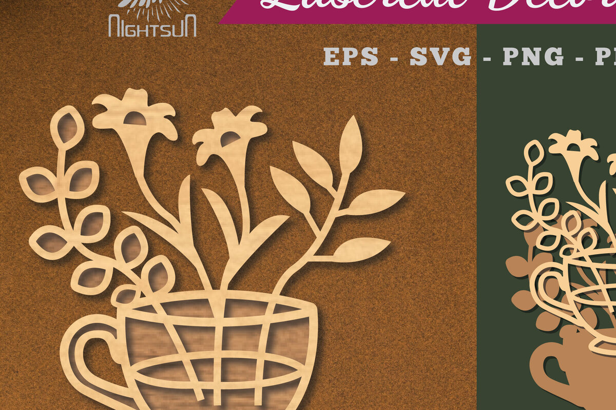 Intra απο ξύλο plywood 3mm-4mm πάχος - Λουλούδια σε Κύπελλο Διακόσμηση με  3 Δίασταση 20x20 cm INTRAFABR-112909989