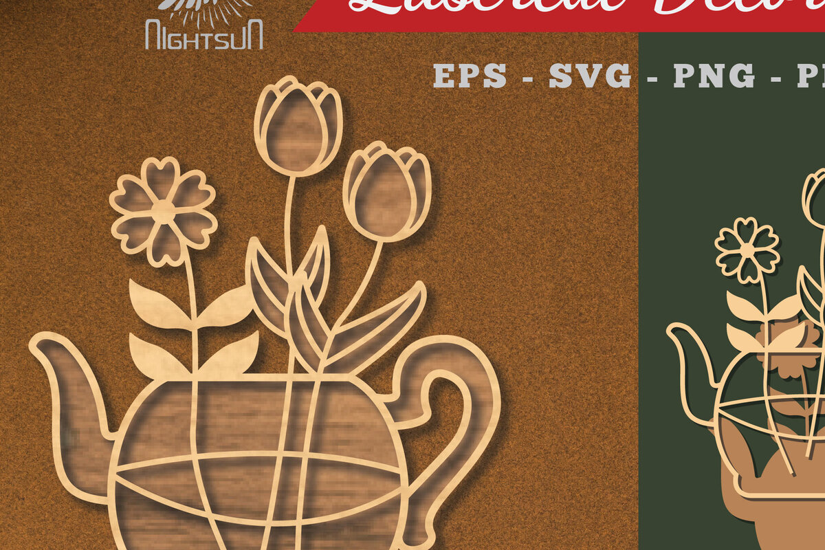 Intra απο ξύλο plywood 3mm-4mm πάχος - Λουλούδια σε διακόσμηση τσαγιέρας κομμένη με λέιζερ 5 Δίασταση 20x20 cm INTRAFABR-113203785