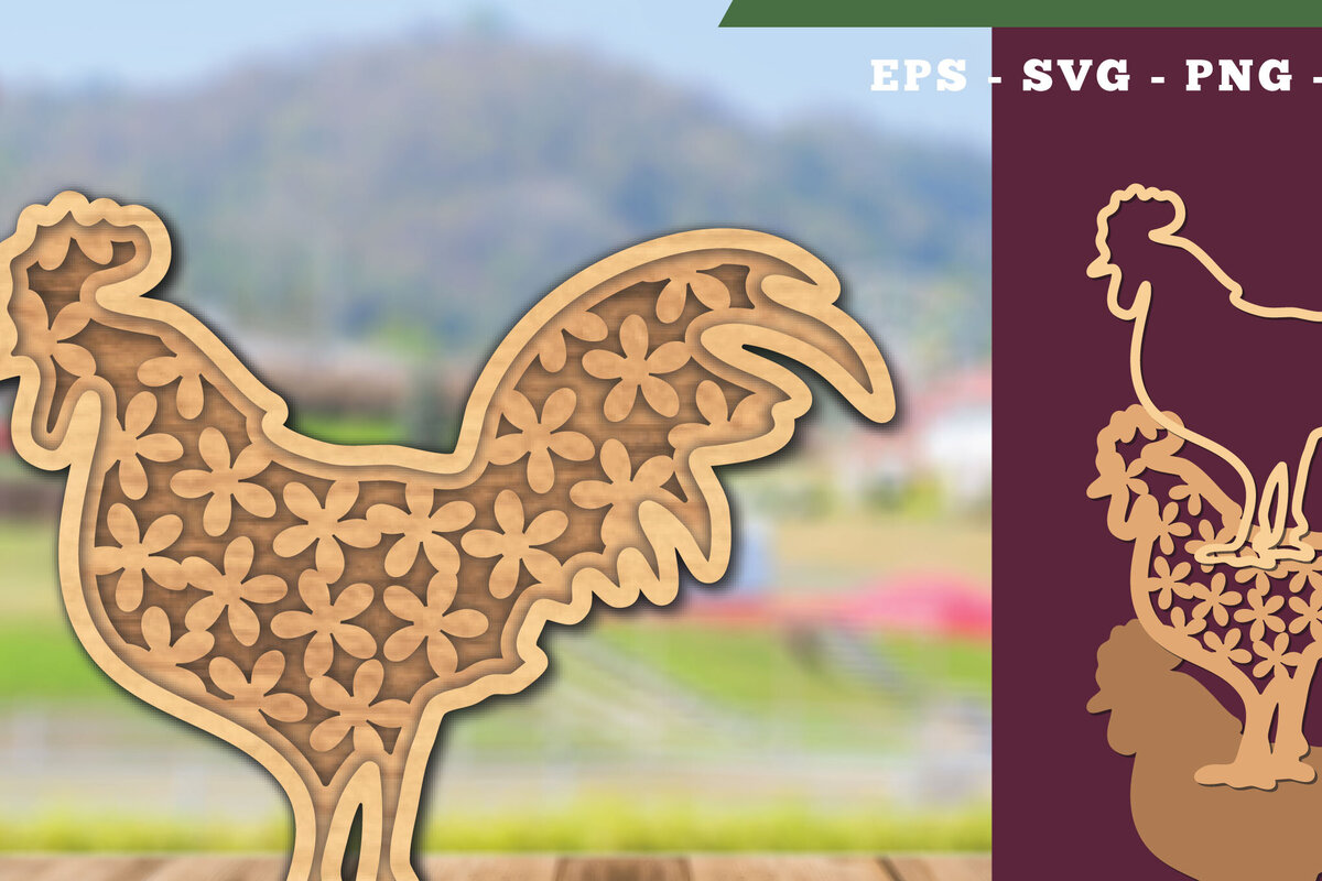 Intra απο ξύλο plywood 3mm-4mm πάχος - Flowers Rooster Cut Laser Decoration  Δίασταση 20x20 cm INTRAFABR-111784258