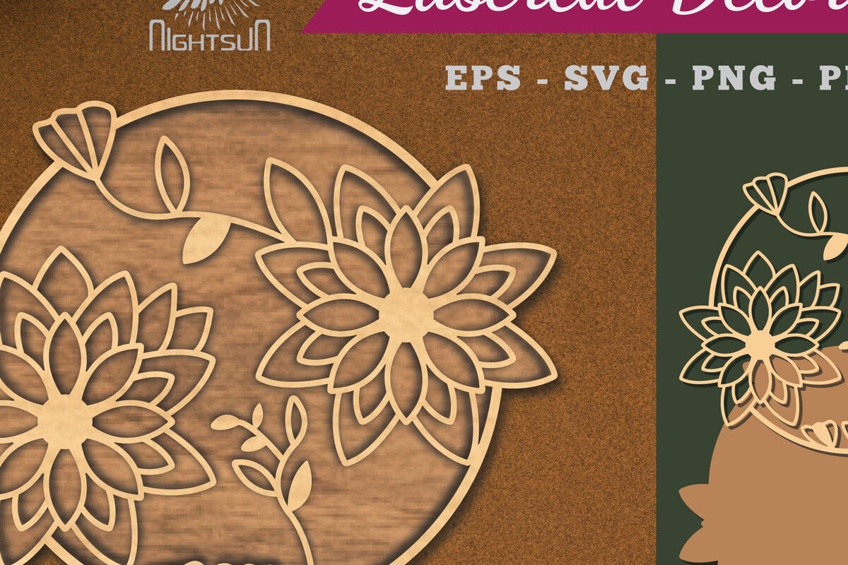 Intra απο ξύλο plywood 3mm-4mm πάχος - Λουλούδια Στρογγυλή διακόσμηση κομμένη με λέιζερ 5 Δίασταση 20x20 cm INTRAFABR-112909852