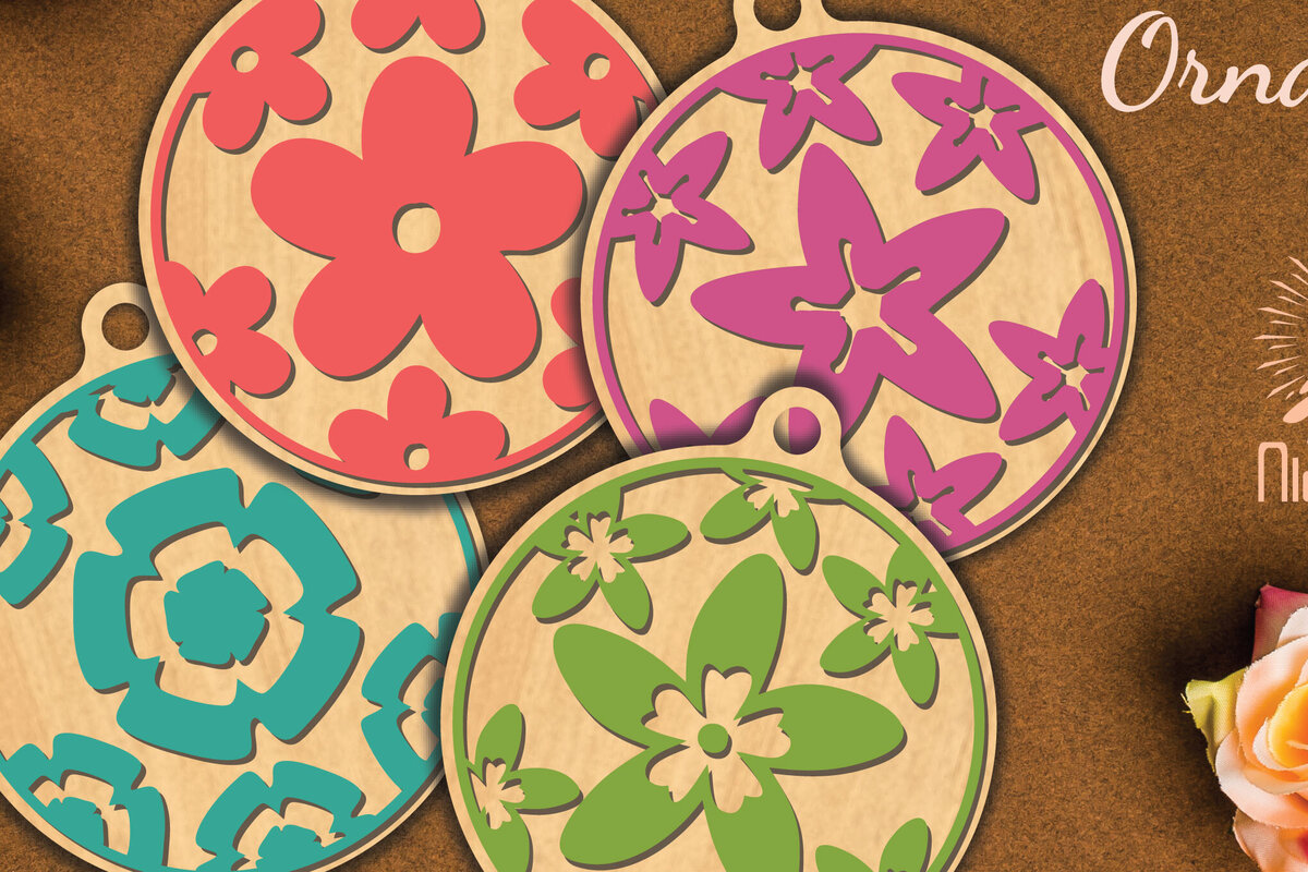 Intra απο ξύλο plywood 3mm-4mm πάχος - Στρογγυλό στολίδι με λουλούδια  1 Δίασταση 6x6 cm INTRAFABR-112467454