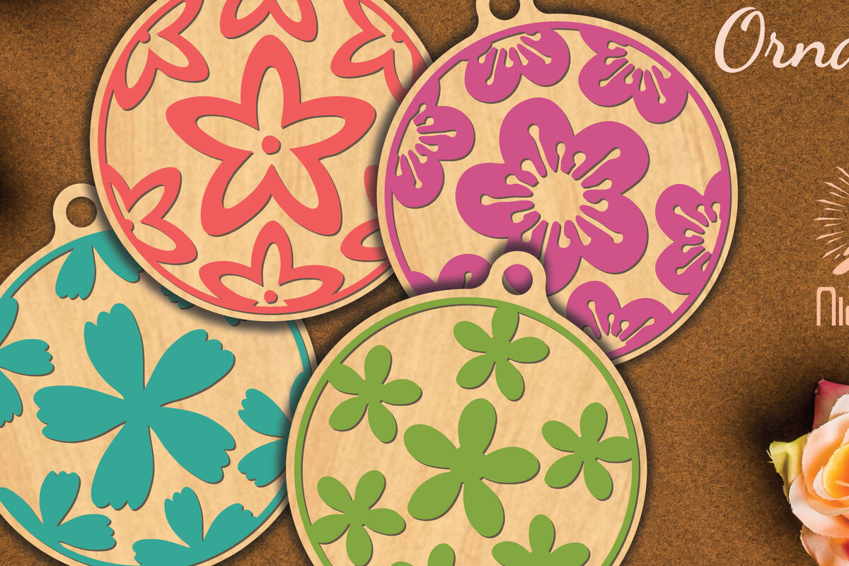 Intra απο ξύλο plywood 3mm-4mm πάχος - Στρογγυλό στολίδι με λουλούδια  4 Δίασταση 6x6 cm INTRAFABR-112467580