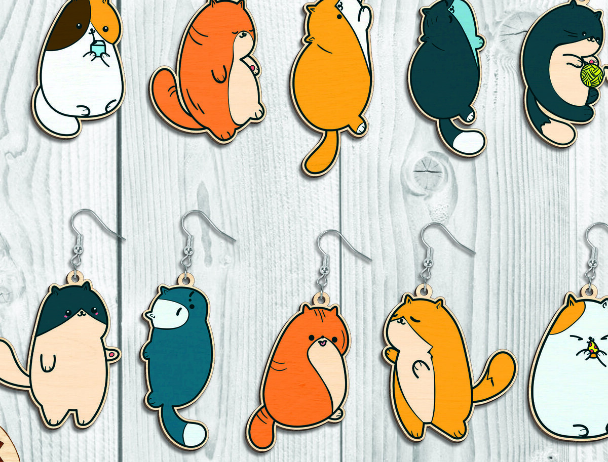 Intra απο ξύλο plywood 3mm-4mm πάχος - Funny Cat Earrings  Bundle-Break Jhon Δίασταση 3x3 cm INTRAFABR-94855173