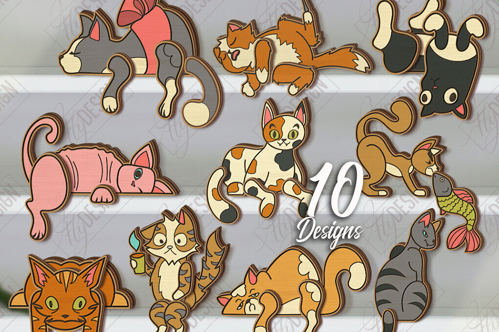 Intra απο ξύλο plywood 3mm-4mm πάχος - Funny Cats Shelf Sitters Set Laser Cut Δίασταση 20x20 cm INTRAFABR-121431748