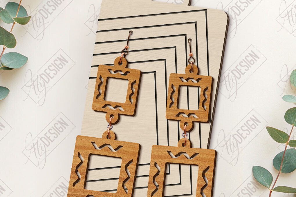 Intra απο ξύλο plywood 3mm-4mm πάχος - Γεωμετρικά κρεμαστά σκουλαρίκια με λέιζερ Δίασταση 3x3 cm INTRAFABR-123771115