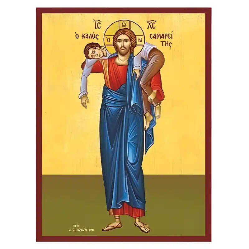 Εικόνα Ορθοδοξίας με περίγραμμα χρυσό σε ξύλο Φλαμουρίας  με  βάση Εικόνα Καλός Σαμαρείτης Χειροποίητη Ελληνορθόδοξη , Κρεμαστή πλάκα βυζαντινής τέχνης, χριστιανική τέχνη Διάσταση 10x7 cm (3,9 x 2,8 ίντσες) INTRAEK-670804