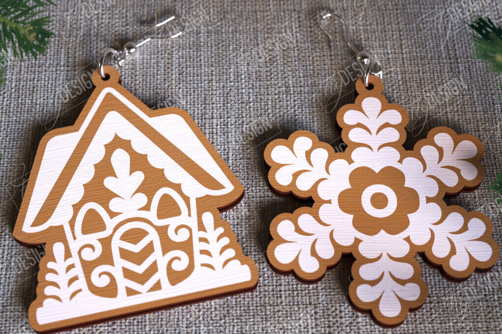 Intra απο ξύλο plywood 3mm-4mm πάχος - Gingerbread House Earrings | Κοσμήματα|CNC Δίασταση 3x3 cm INTRAFABR-107025096