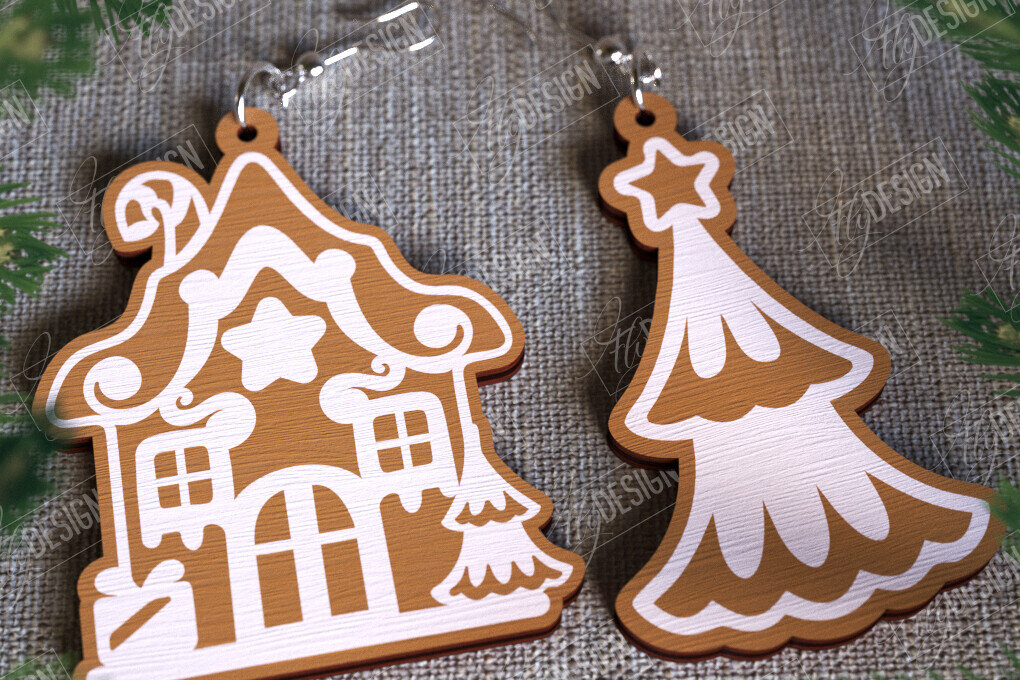 Intra απο ξύλο plywood 3mm-4mm πάχος - Gingerbread House Earrings | Κοσμήματα|CNC Δίασταση 3x3 cm INTRAFABR-107025152