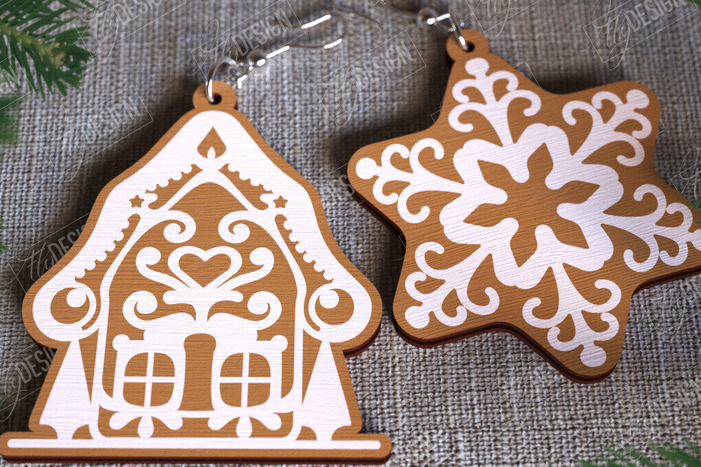 Intra απο ξύλο plywood 3mm-4mm πάχος - Gingerbread House Earrings | Κοσμήματα|CNC Δίασταση 3x3 cm INTRAFABR-107025165