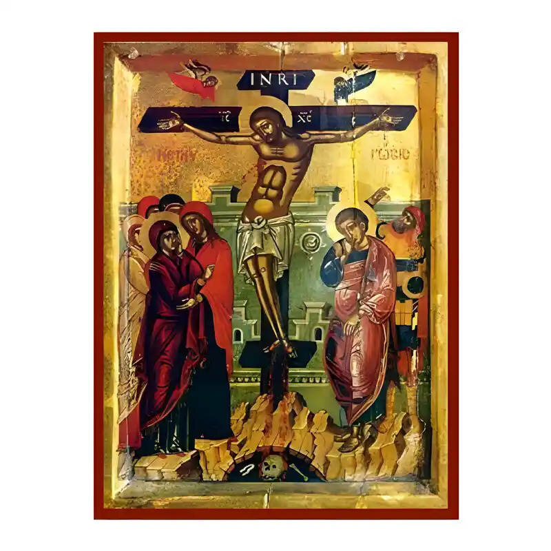 Εικόνα Ορθοδοξίας με περίγραμμα χρυσό σε ξύλο Φλαμουρίας  με  βάση Εικόνα Σταύρωση του Χριστού Χειροποίητη Ελληνορθόδοξη , Κρεμαστή πλάκα βυζαντινής τέχνης, χριστιανική τέχνη Διάσταση 10x7 cm (3,9 x 2,8 ίντσες) INTRAEK-670795