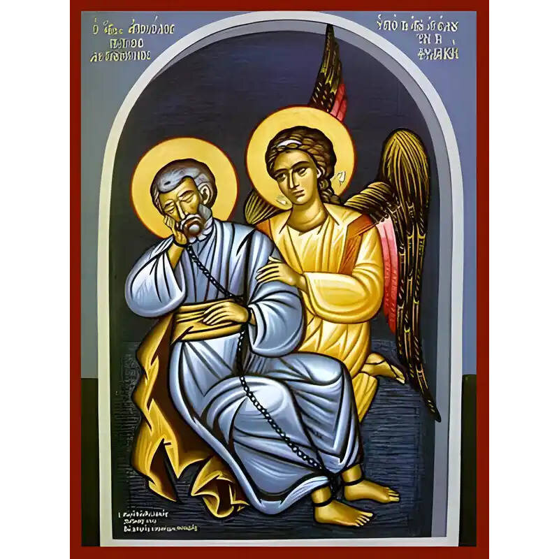 Εικόνα Ορθοδοξίας με περίγραμμα χρυσό σε ξύλο Φλαμουρίας  με  βάση Εικόνα ΑΓΙΟΣ ΑΠΟΣΤΟΛΟΣ ΠΕΤΡΟΣ ΛΥΤΡΟΥΜΕΝΟΣ ΥΠΟ ΤΟΥ ΑΓΓΕΛΟΥ ΕΝ ΤΗ ΦΥΛΑΚΗ Χειροποίητη Ελληνορθόδοξη εικόνα του Ιησού Χριστού, Κρεμαστή πλάκα βυζαντινής τέχνης, χριστιανική τέχνη Διάσταση 40x30 cm (10,2x7,9 ίντσες)  INTRAEK-1447757865021