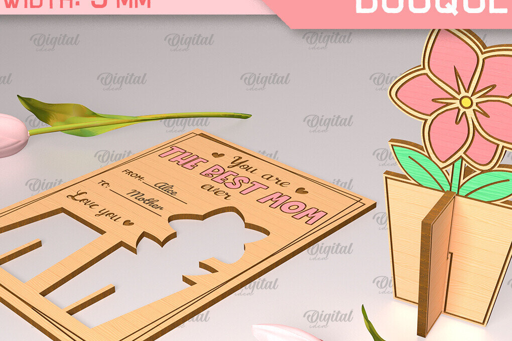 Intra απο ξύλο plywood 3mm-4mm πάχος - Ευχετήρια κάρτα λέιζερ. Μπουκέτο λουλουδιών  Δίασταση 10x15 cm INTRAFABR-91978201