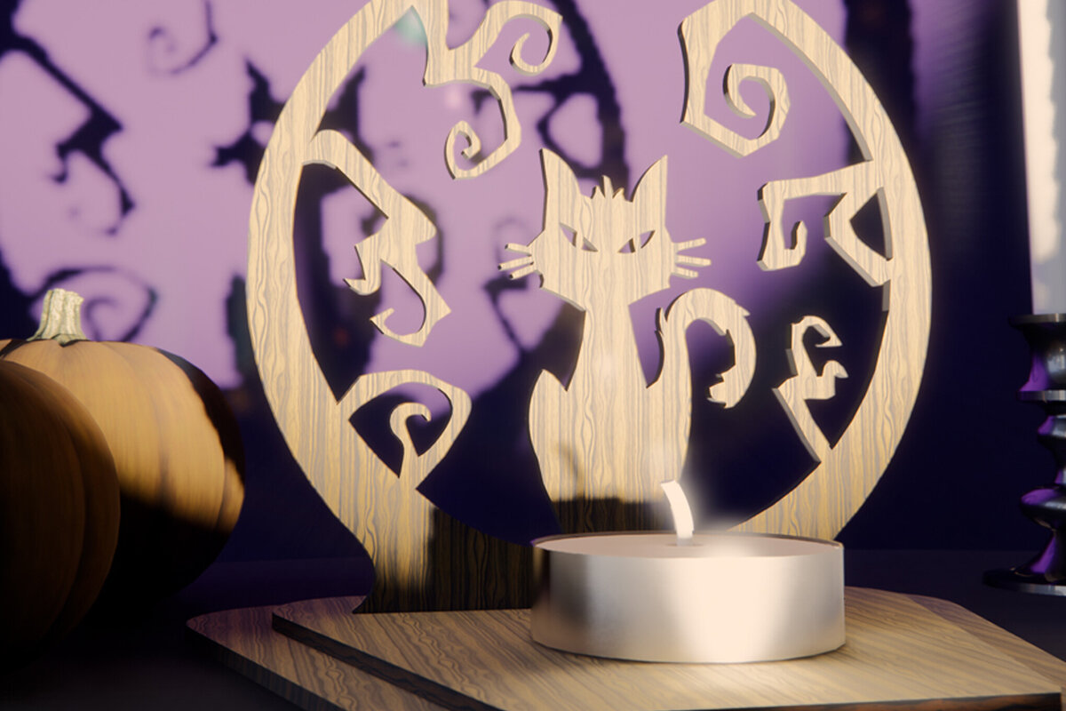 Intra απο ξύλο plywood 3mm-4mm πάχος - Κηροπήγιο Halloween Black Cat  Δίασταση 15x15 cm INTRAFABR-79116744